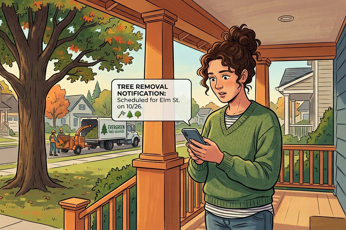 Woman reading a tree removal notification on her phone from Evergreen Tree Services